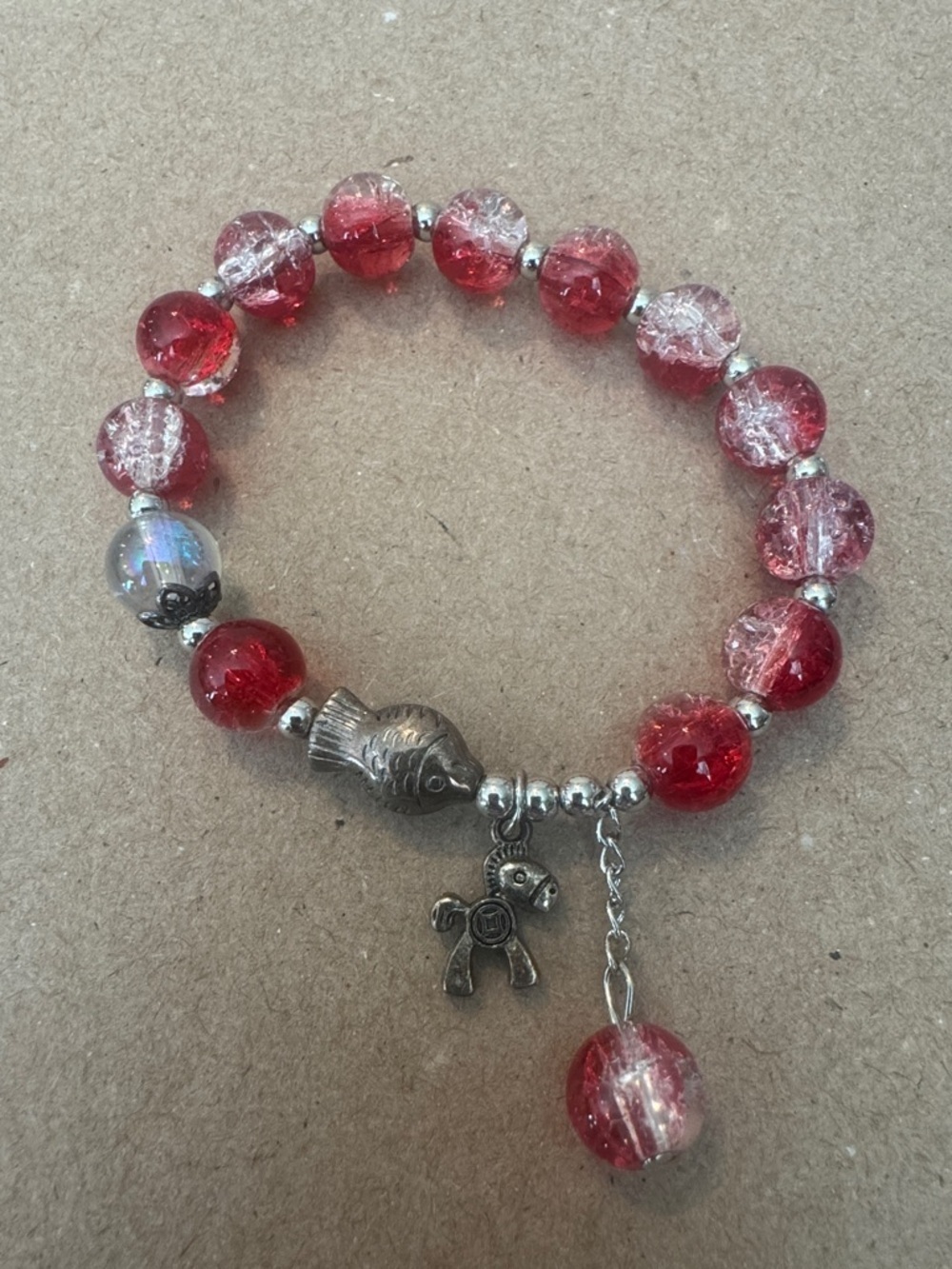 Red Crackle Glass Beaded Charm Bracelet - Women Jewelry